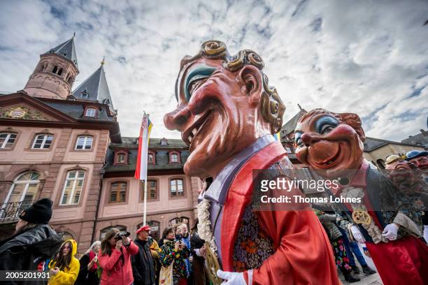 Meenzer Schwellkoepp' attend the annual Rose Monday Carnival parade on February 12, 2024 in Mainz, Germany. The Mainz and Dusseldorf Rose Monday...