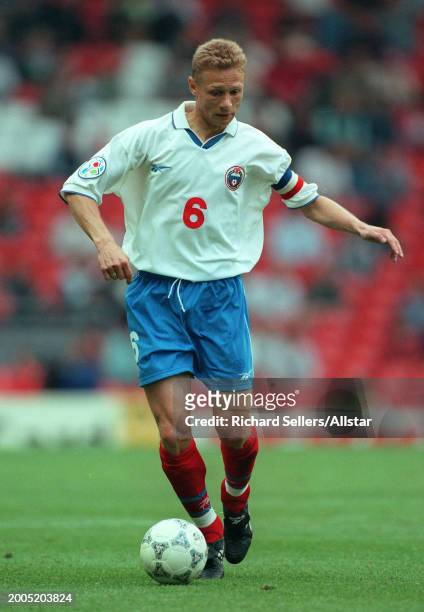 June 19: Valeri Karpin of Russia on the ball during the UEFA Euro 1996 Group C match between Russia and Czech Republic at Anfield on June 19, 1996 in...