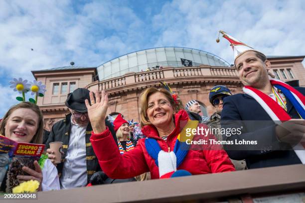 Rhineland-Palatinate's State Premier Malu Dreyer attend the annual Rose Monday Carnival parade on February 12, 2024 in Mainz, Germany. The Mainz and...