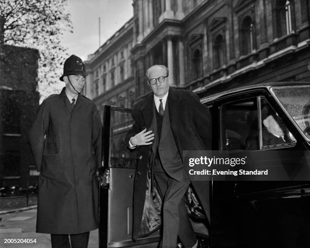 French politician Guy Mollet, the Prime Minister of France, arriving at 10 Downing Street for Suez crisis talks, London, October 30th 1956.