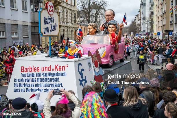 Clowns attent the annual Rose Monday Carnival parade on February 12, 2024 in Mainz, Germany. The Mainz and Dusseldorf Rose Monday parades are known...