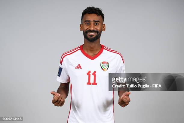 Rashed Eid of United Arab Emirates poses for a photo during the FIFA Beach Soccer World Cup UAE 2024 portrait shoot on February 12, 2024 in Dubai,...