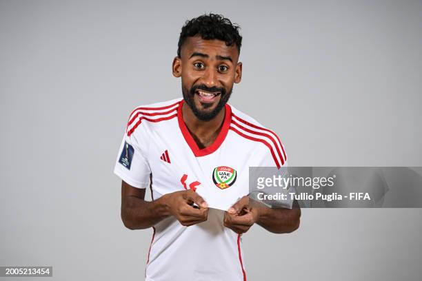 Rashed Eid of United Arab Emirates poses for a photo during the FIFA Beach Soccer World Cup UAE 2024 portrait shoot on February 12, 2024 in Dubai,...