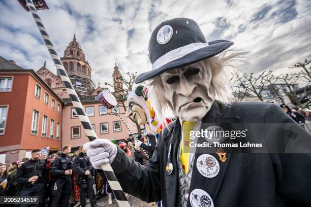 Basel carnival activistsat the annual attend the Rose Monday Carnival parade on February 12, 2024 in Mainz, Germany. The Mainz and Dusseldorf Rose...