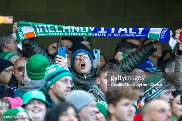 February 11: An Italian fan sings along with the National Anthem before the Ireland V Italy, Six Nations rugby union match at Aviva Stadium on...