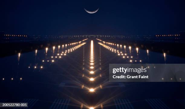 canada, ontario, toronto, airport, illuminated runway, dusk - landing strip stock pictures, royalty-free photos & images