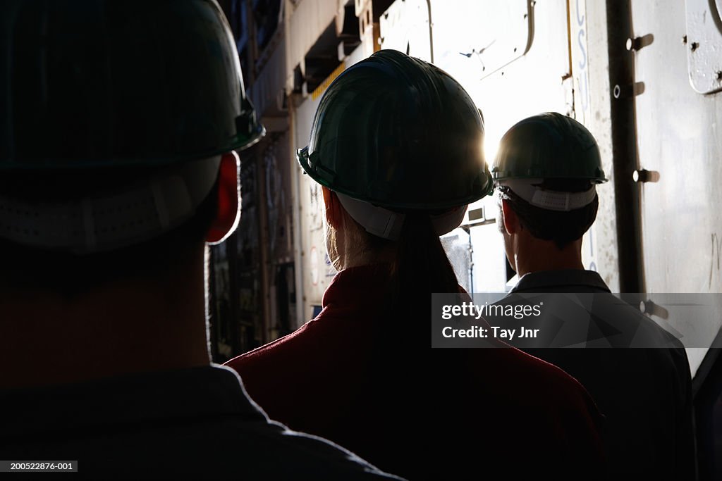 Men and woman standing between cargo containers, wearing hard hats