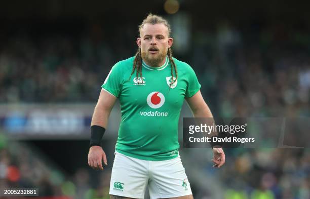 Finlay Bealham of Ireland looks on during the Guinness Six Nations 2024 match between Ireland and Italy at Aviva Stadium on February 11, 2024 in...