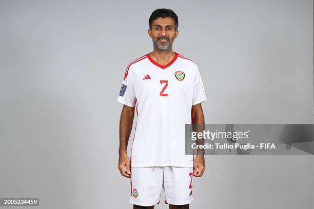 Haitham Mohamed of United Arab Emirates poses for a photo during the FIFA Beach Soccer World Cup UAE 2024 portrait shoot on February 12, 2024 in...