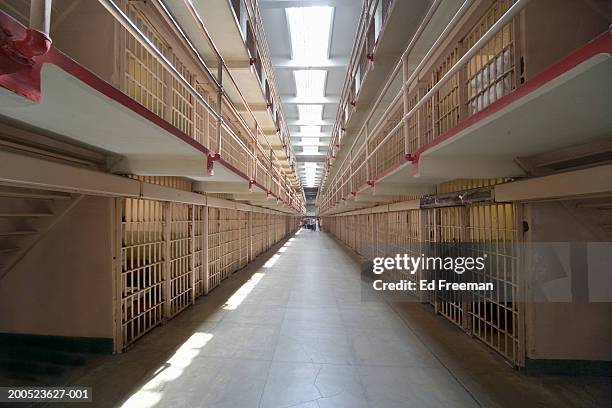 usa, california, san francisco, alcatraz prison, row of prison cells - alcatraz stock pictures, royalty-free photos & images