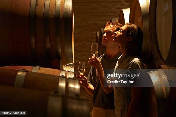 young couple tasting wine in wine cellar - winetasting stock pictures, royalty-free photos & images