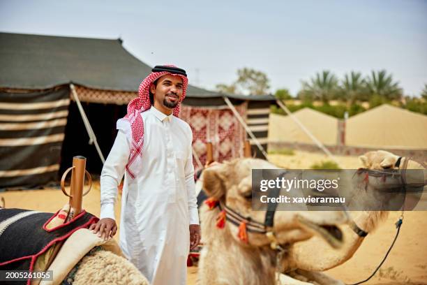 saudi tour guide and camels - gulf countries stock pictures, royalty-free photos & images