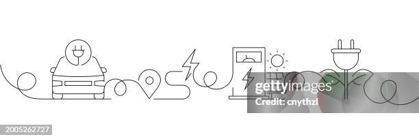 continuous one line drawing electric car icons concept. single line vector illustration. electric vehicle, battery, charging, eco friendly. - battery charger stock illustrations