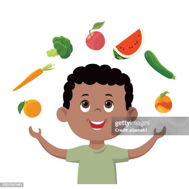 cheerful little boy and healthy foods - antioxidant vector stock illustrations
