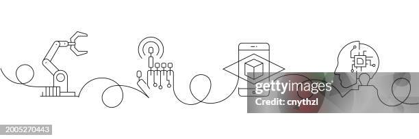 continuous one line drawing future of technology icons concept. single line vector illustration. robotic arm, augmented reality, artificial intelligence. - artificial intelligence car stock illustrations