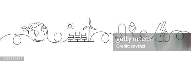 stockillustraties, clipart, cartoons en iconen met continuous one line drawing green energy icons concept. single line vector illustration. sustainability, renewable energy, eco friendly. - samenhang