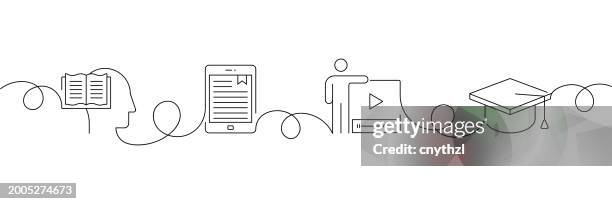 continuous one line drawing education icons concept. single line vector illustration. learning, student, online education, graduation. - continuous-learning-icon stock illustrations