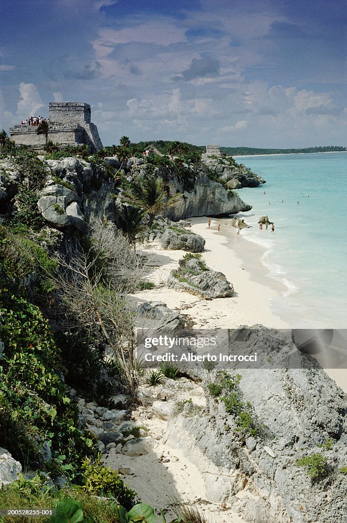 Mexico, Quintana Roo, Tulum, Mayan temple abover beach