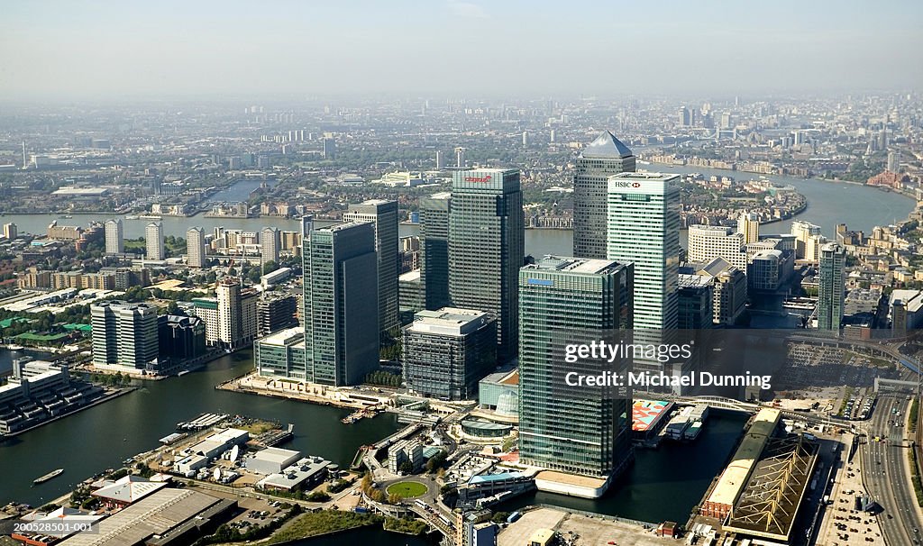 Britain, London, Canary Wharf, aerial view of docklands