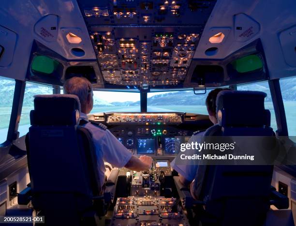 pilots sitting in flight simulator, rear view - captain stockfoto's en -beelden