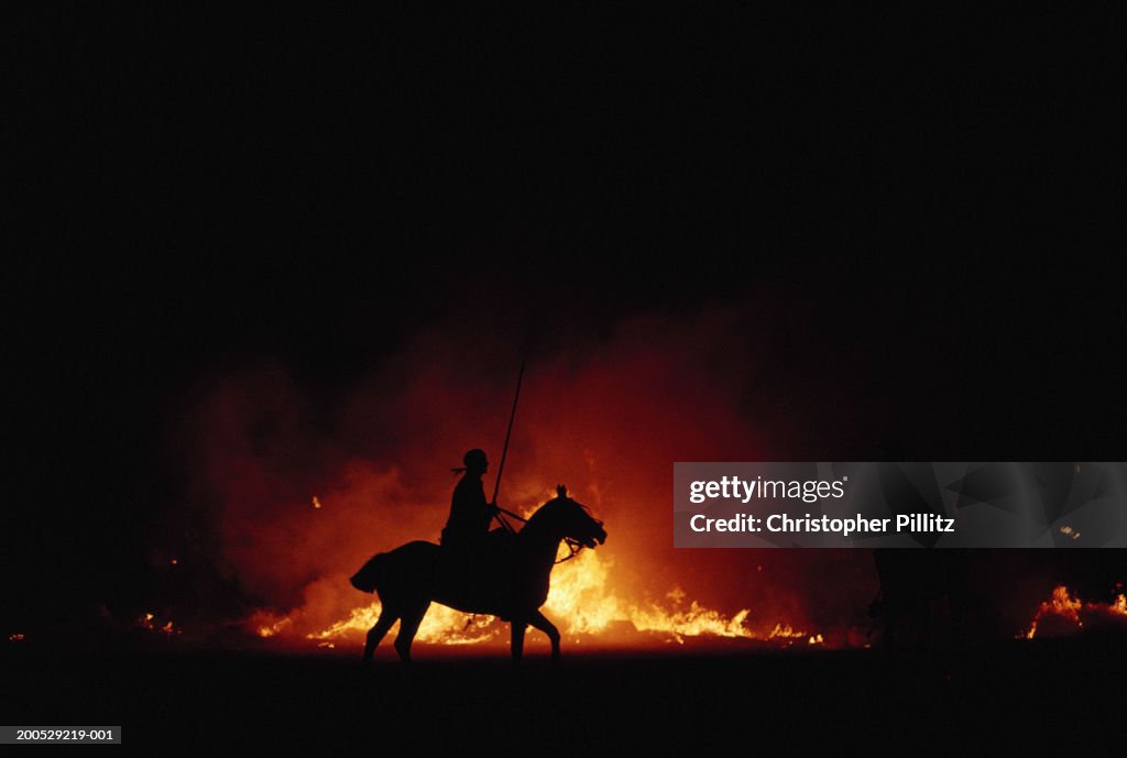 Argentina, horseman riding past fire, silhouette, night...