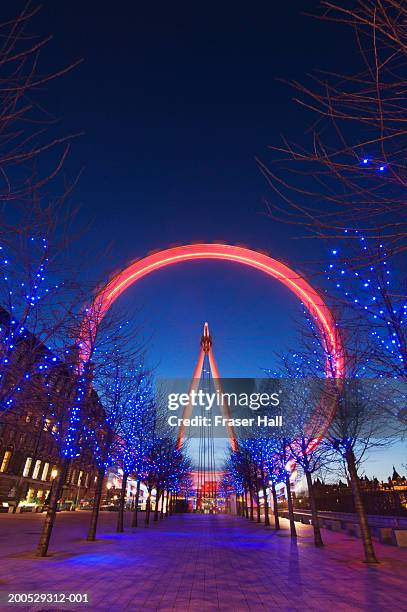 england, london, millennium wheel, trees, dusk (long exposure) - london eye stockfoto's en -beelden