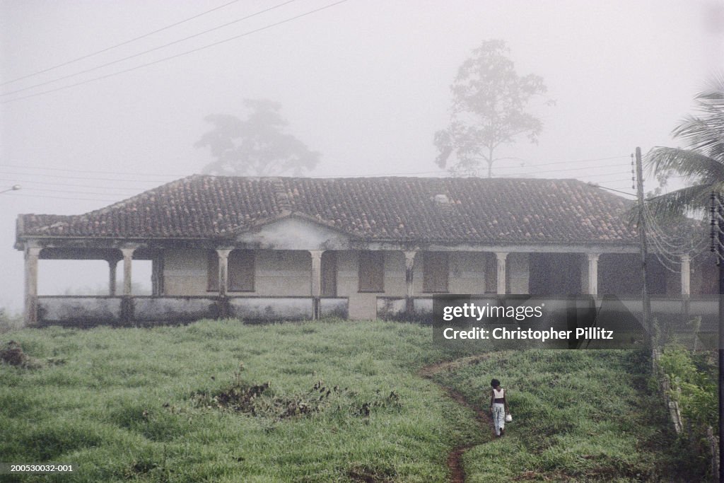 Brazil, Bahia, cocoa plantation, person walking towards farmhouse...