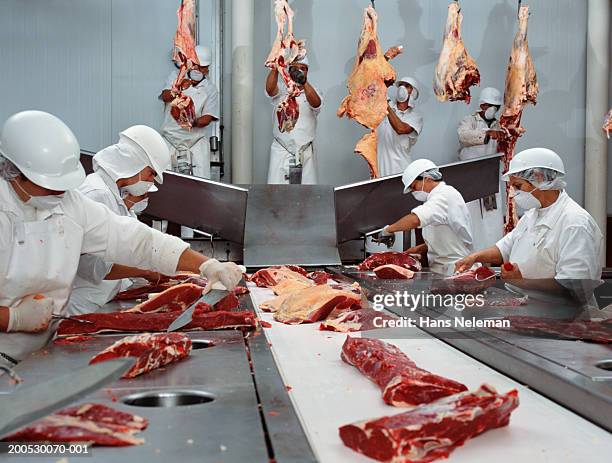 butchers cutting beef in slaughterhouse, wearing hygienic masks - slachterij stockfoto's en -beelden