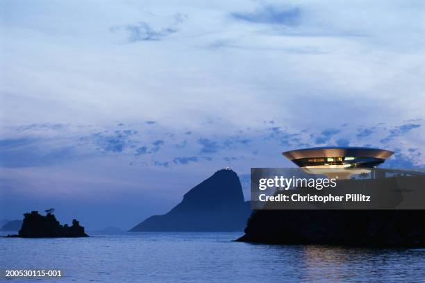 Brazil, Rio de Janeiro, Museum of Modern Art, dusk.