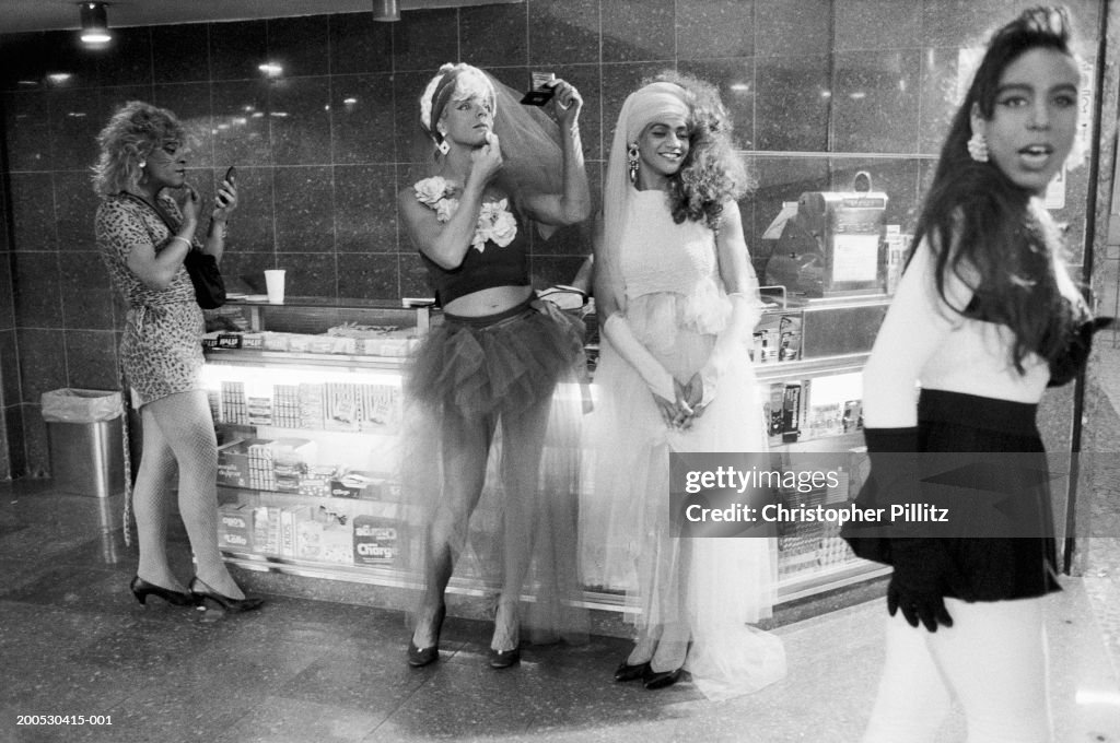 Brazil, Rio de Janeiro, transvestites on beach front (B&W)