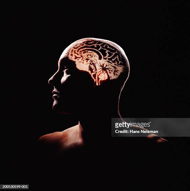 human brain projected on man's head - human brain stock pictures, royalty-free photos & images