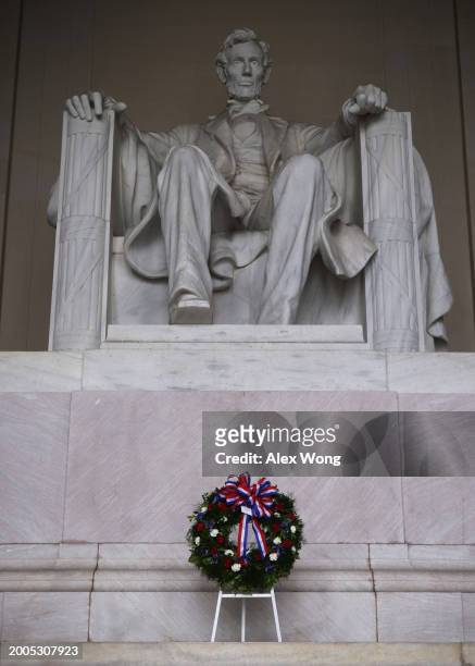 Wreath is laid at the Lincoln Memorial on February 12, 2024 in Washington, DC. U.S. Armed forces honored the 16th American president with a...