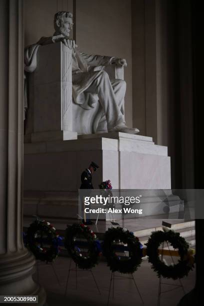 Wreath is seen prior to a wreath-laying ceremony at the Lincoln Memorial on February 12, 2024 in Washington, DC. U.S. Armed forces honored the 16th...
