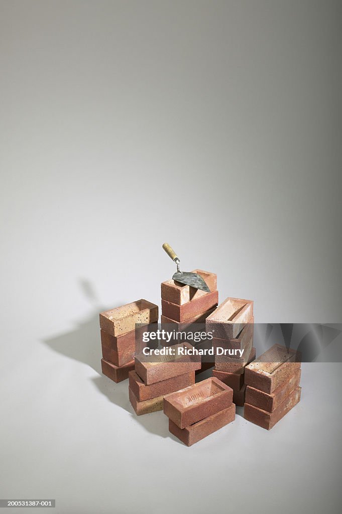 Stack of bricks and trowel