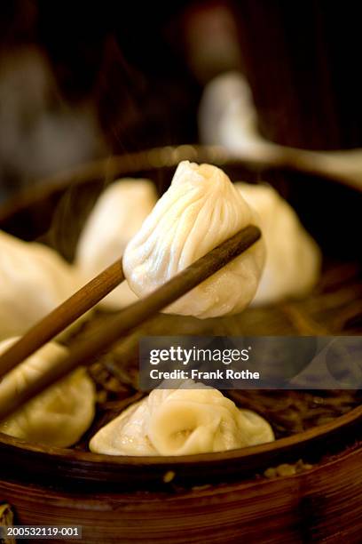 china, shanghai, wanton held in chopsticks, close-up - chinese dumpling stock pictures, royalty-free photos & images