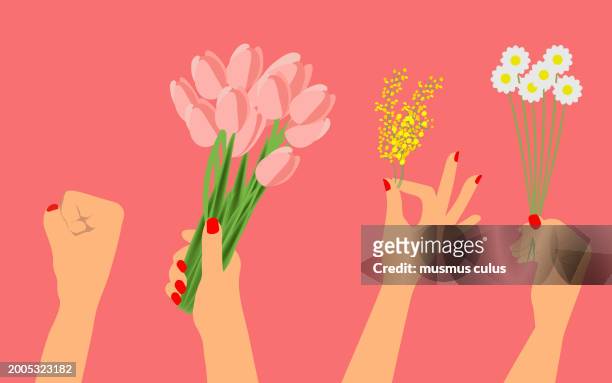 stockillustraties, clipart, cartoons en iconen met women holding flowers in their hands and holding them in the air celebrate international women's day - anniversary celebration