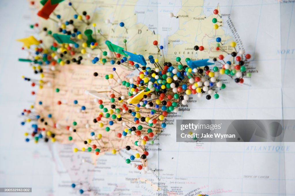 Map Pin Mix Multi Coloured Push Pins In Map Closeup High-Res Stock Photo - Getty Images