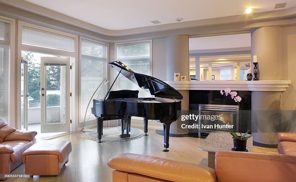 Piano beside fireplace in living room
