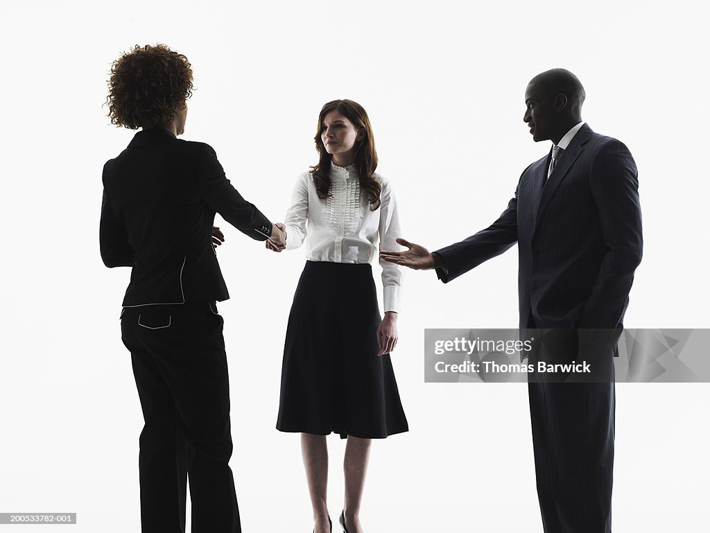Three Young Executives Man Introducing Women To One Another High-Res ...