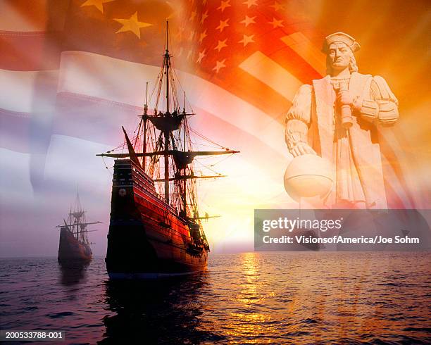 sailing ships, statue of christopher columbus and american flag - the mayflower 個照片及圖片檔