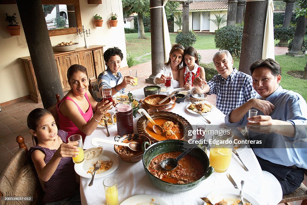 Grandparents, parents and children (7-15) toasting at dinner, portrait