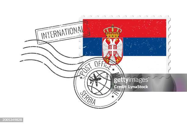serbia grunge postage stamp. vintage postcard vector illustration with serbian national flag isolated on white background. retro style. - serbia stock illustrations