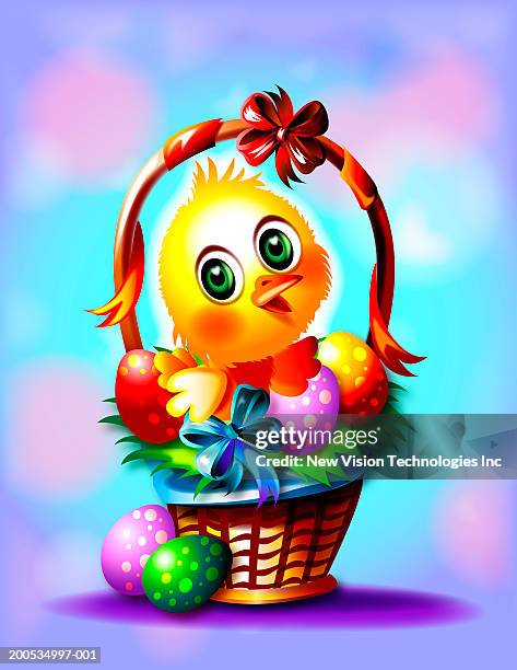 chick in basket of easter eggs - easter basket stock illustrations