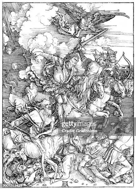 die vier apokalyptischen reiter kupferstich von albrecht dürer, 15. jahrhundert - albrecht dürer stock-grafiken, -clipart, -cartoons und -symbole