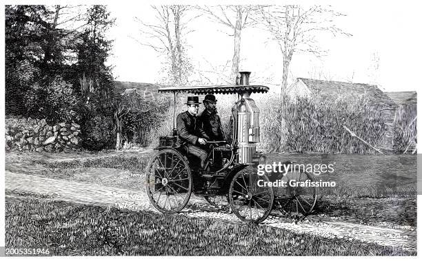 antique steam car automobile with passengers driving 1886 - history and progress of the steam engine stock illustrations