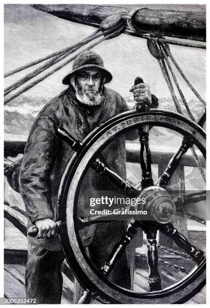 old boat captain at steering wheel on sailing ship engraving 1885 - team captain stock illustrations