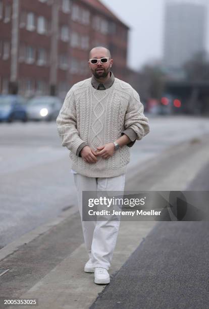 Benjamin Beyer aka David Puentez seen wearing Jacques Marie Mage white milky sunglasses, brown / beige buttoned shirt, By Aylin Koenig beige wool...