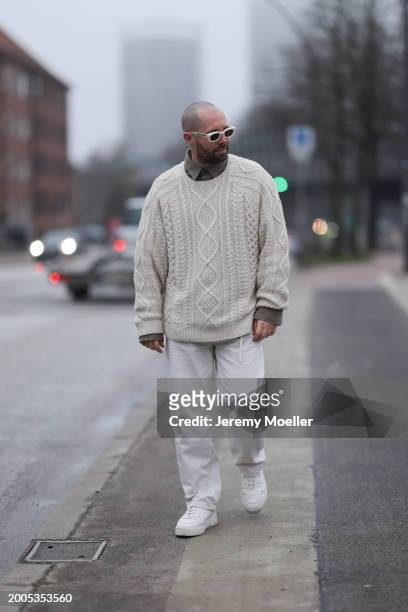Benjamin Beyer aka David Puentez seen wearing Jacques Marie Mage white milky sunglasses, brown / beige buttoned shirt, By Aylin Koenig beige wool...