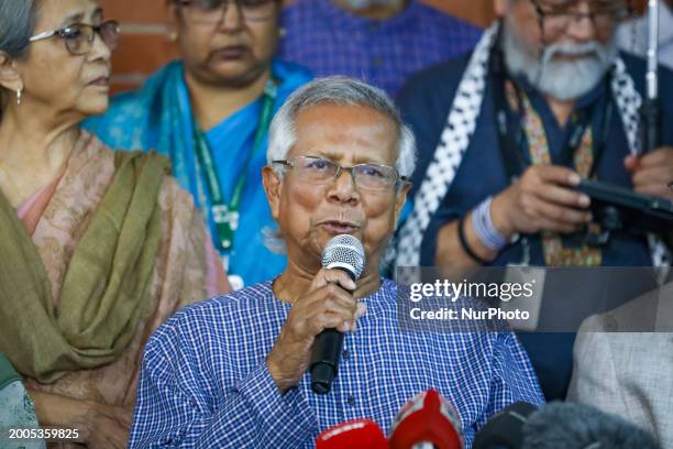 Nobel Peace Laureate Muhammad Yunus is addressing a press conference at his office in Dhaka, Bangladesh, on February 15, 2024.