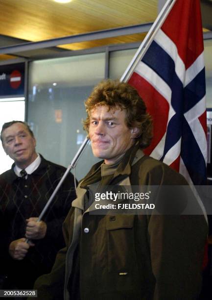 Norwegian adventurer Lars Monsen is welcomed at Gardermoen Airport, 15 November 2002, after a two and a half year, coast to coast dogsled trek across...